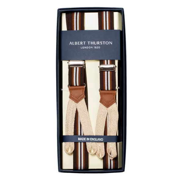 Albert Thurston Brown Striped Elastic Suspenders To Button