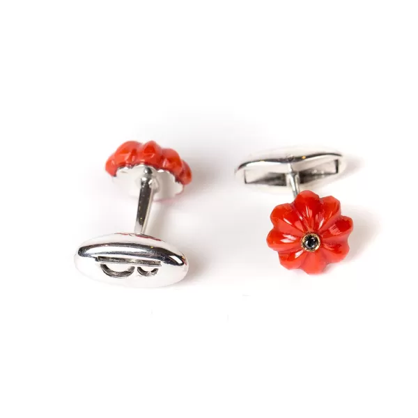 Barbarulo Napoli Cufflinks "Coral Flower Diamond" Made Of Sterling Silver - Purely Hand