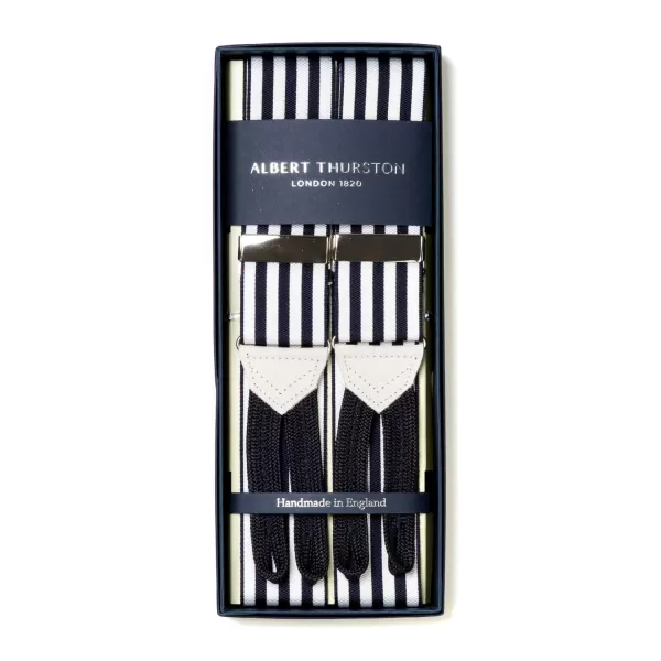 Albert Thurston Dark Blue And White Striped Suspenders To Button