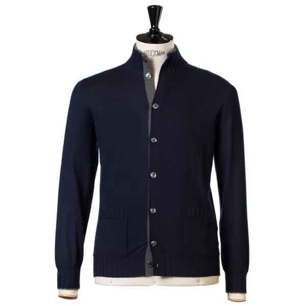Cesare Attolini Dark Blue Cardigan "Bicolor Bomber Rib" With Stand-Up Collar Made Of P