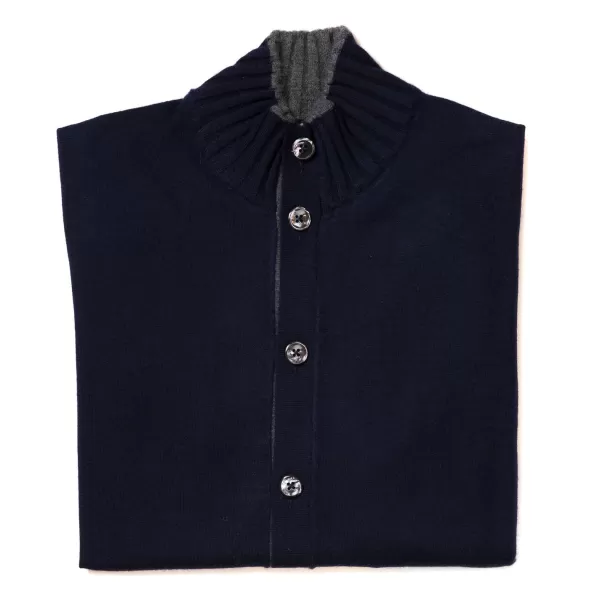Cesare Attolini Dark Blue Cardigan "Bicolor Bomber Rib" With Stand-Up Collar Made Of P
