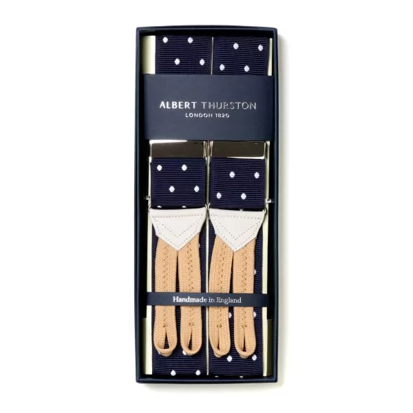 Albert Thurston Dark Blue Suspenders With White Dots To Button