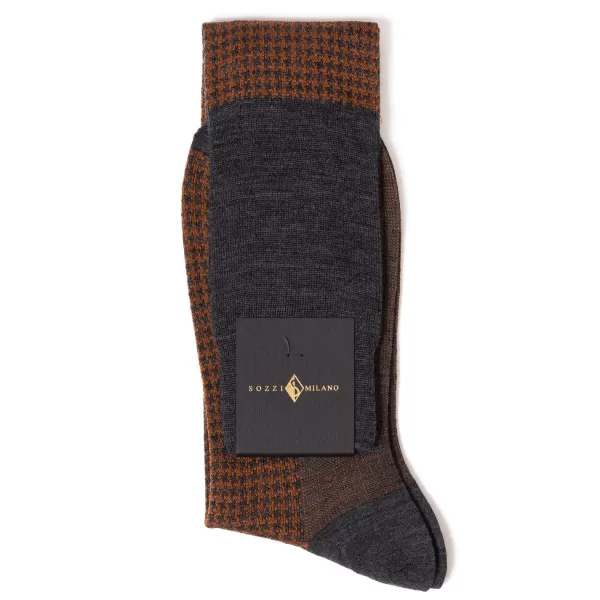 Sozzi Flannel Gray And Rust Patterned Merino Wool "Pied De Poule" Knee Sock