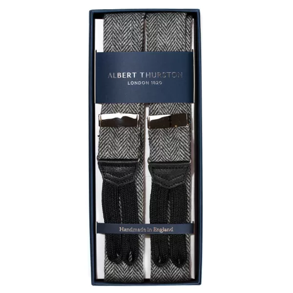 Albert Thurston Gray Braces "Shetland-Tweed" In Herringbone Pattern To Button