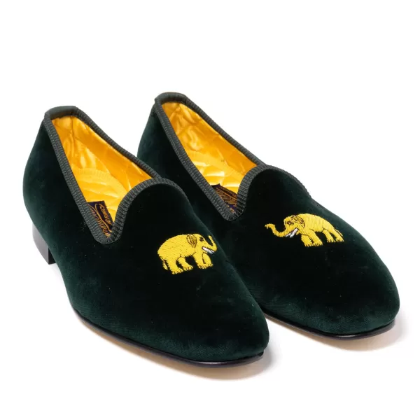 Bowhill u0026 Elliott Green Velvet Slipper "Elephant" With Leather Sole - Handmade