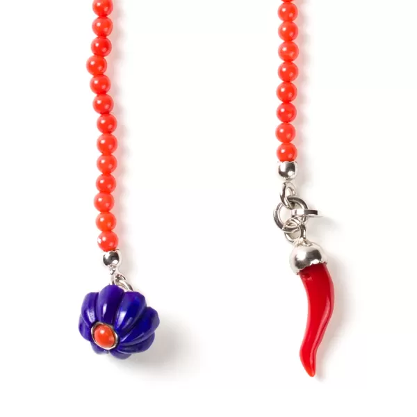 Barbarulo Napoli Lapel Chain "Lapislazuli & Corail Flower" Made Of Lapis Lazuli, Coral