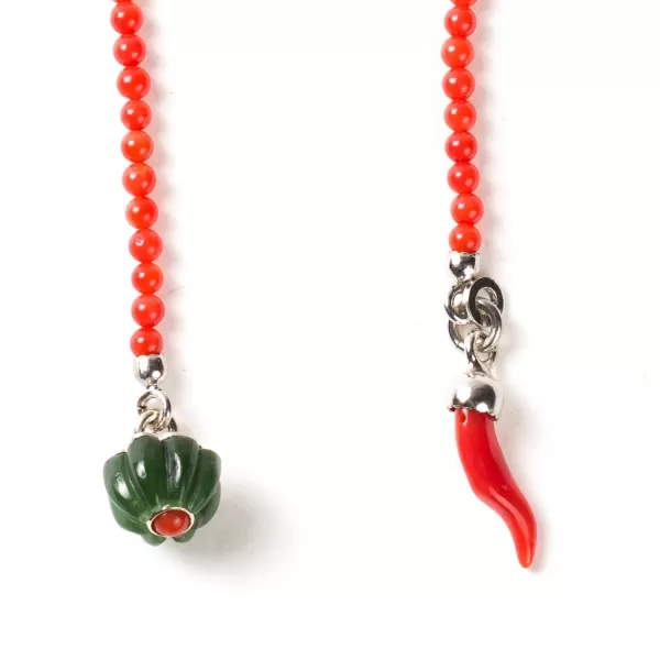 Barbarulo Napoli Laple Chain "Jade & Corail Flower" Made Of Lapis Lazuli, Coral And Ste