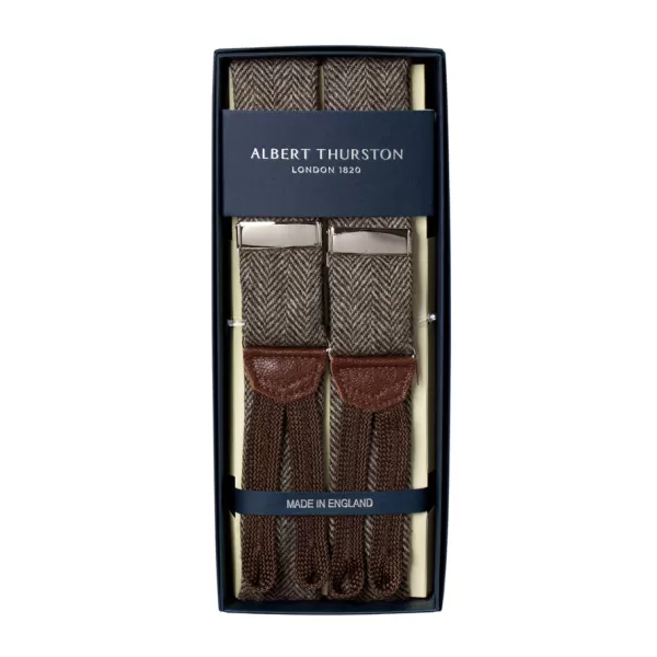 Albert Thurston Light Brown Suspenders With Herringbone Pattern To Button