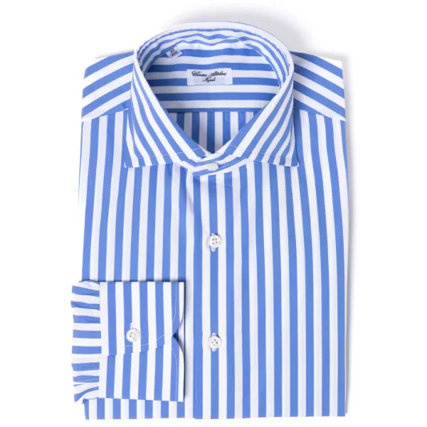 Cesare Attolini Pure Cotton Striped Shirt "Cielo Azzurro" From Alumo - Collo Tom