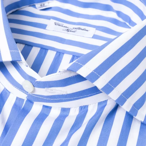 Cesare Attolini Pure Cotton Striped Shirt "Cielo Azzurro" From Alumo - Collo Tom