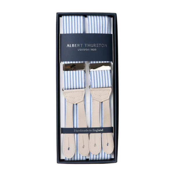 Albert Thurston Suspenders "Seersucker Stripe" With Flat Ends In Nubuck Leather To But