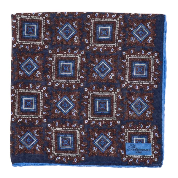 Petronius Wool And Silk Pocket Square "Vintage 58" - Medaillon Large Blue